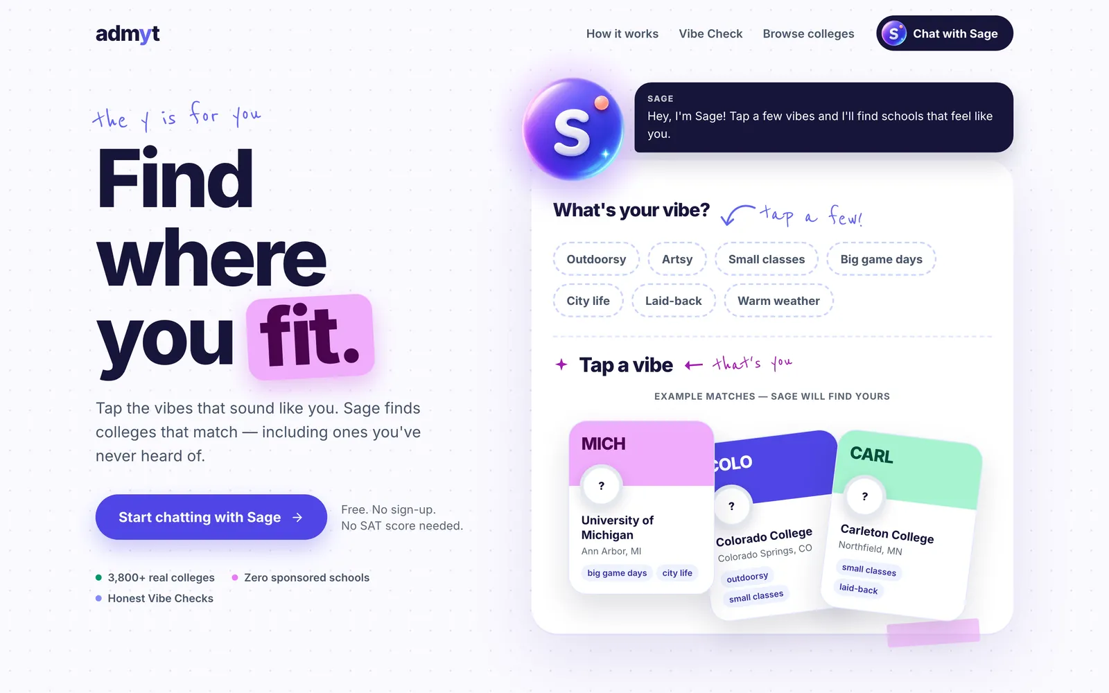 The new admyt homepage: "Find where you fit." with a tappable vibe board