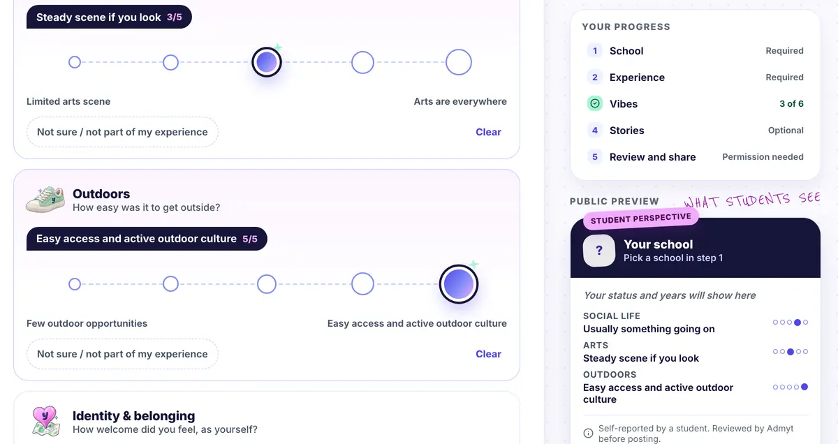 Vibe scales for arts and outdoors, with the live public preview showing the answers in words