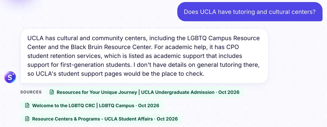 Sib, then still called Sage, answering whether UCLA has tutoring and cultural centers, with three dated source pills linking to UCLA's own websites