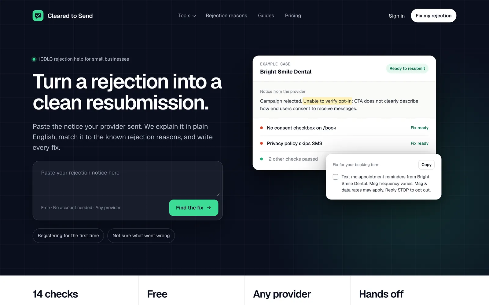 The Cleared to Send homepage: paste your rejection notice and find the fix