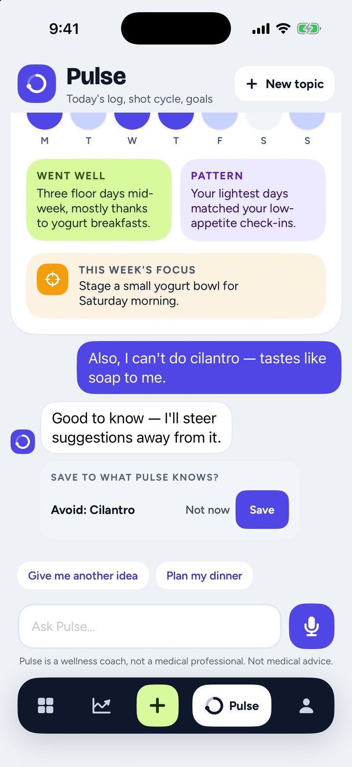 Footing Pulse conversation: a weekly recap card with a seven-day bar chart, what went well, a pattern and this week's focus, then a user message about cilantro and Pulse offering to save it as a preference.