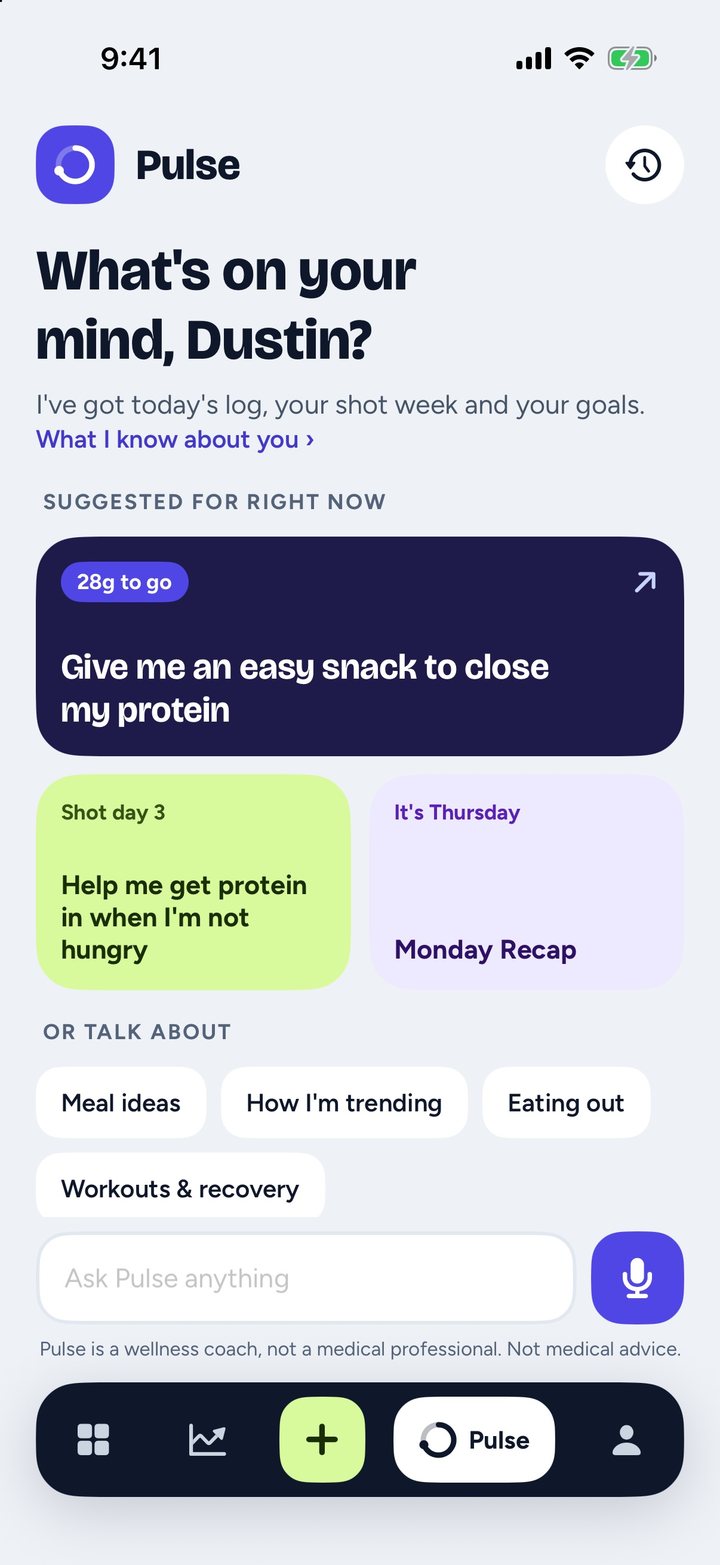 Footing Pulse start screen: "What's on your mind, Dustin?", suggested tiles for a 28 g protein gap, shot day 3 and a Monday Recap, topic chips, and a text box with a mic.