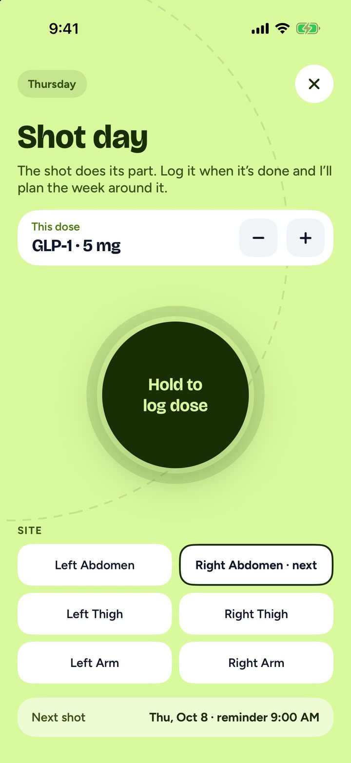 Footing Shot day screen on a lime background: "The shot does its part. Log it when it's done", a GLP-1 5 mg dose stepper, a large Hold to log dose button, injection-site buttons and the next shot reminder.