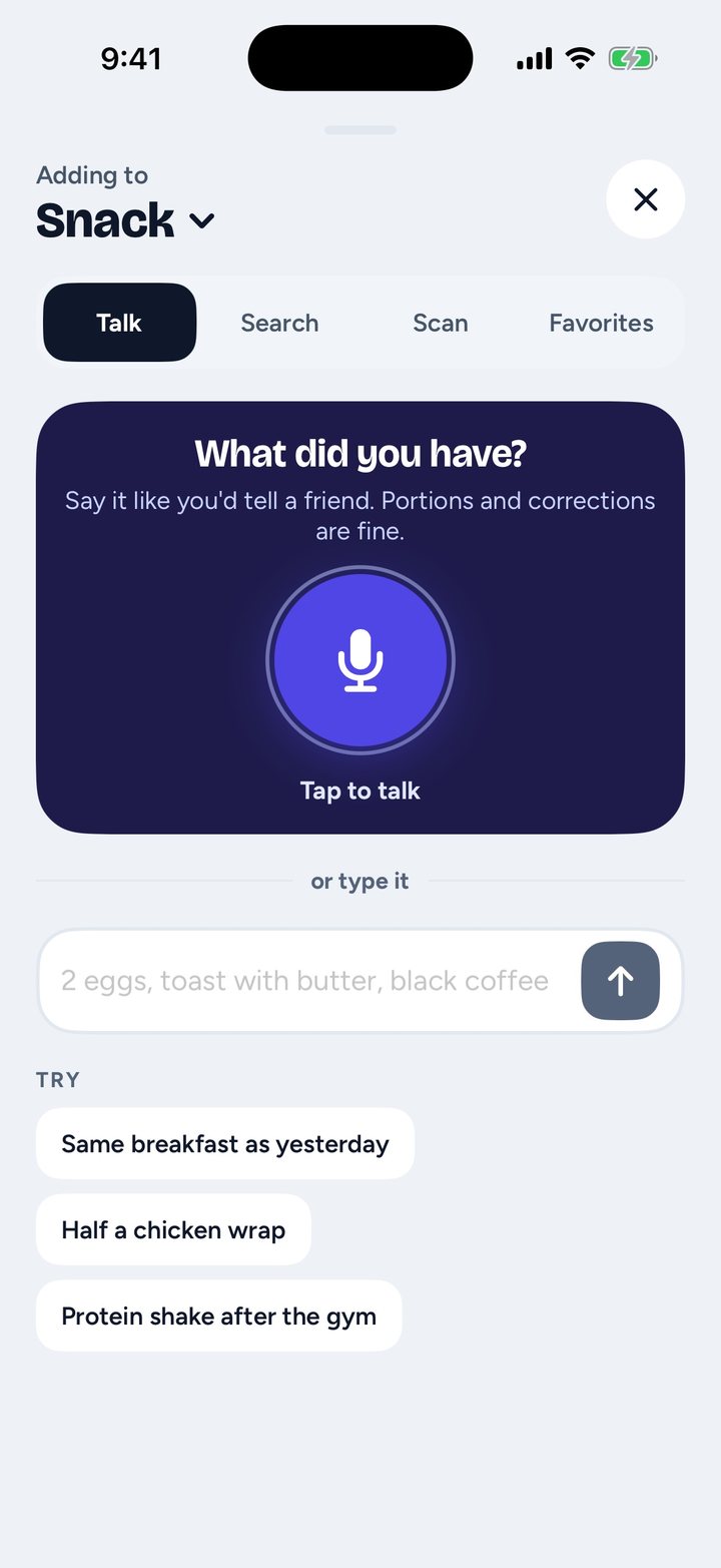 Footing Log sheet on the Talk tab, adding to Snack: a large microphone button under "What did you have?", a text field, and suggestions like "Same breakfast as yesterday".