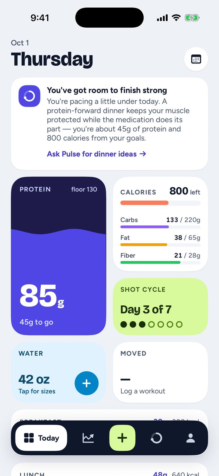 Footing Today screen: a Thursday with a Pulse note, a deep indigo protein tile reading 85 g against a floor of 130, calories with carbs, fat and fiber bars, a lime shot-cycle tile on day 3 of 7, water at 42 oz and a movement tile.